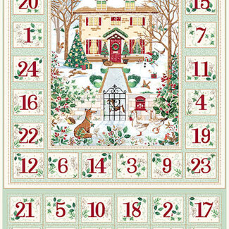 Makower UK Country Christmas, Advent Calendar, Green KIT with Evergreen Cream Backing and Stripe Binding