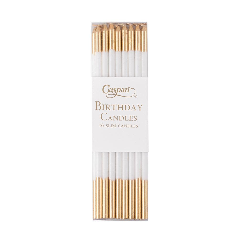 Slim Birthday Candles in White & Gold - 16 Candles Per Package