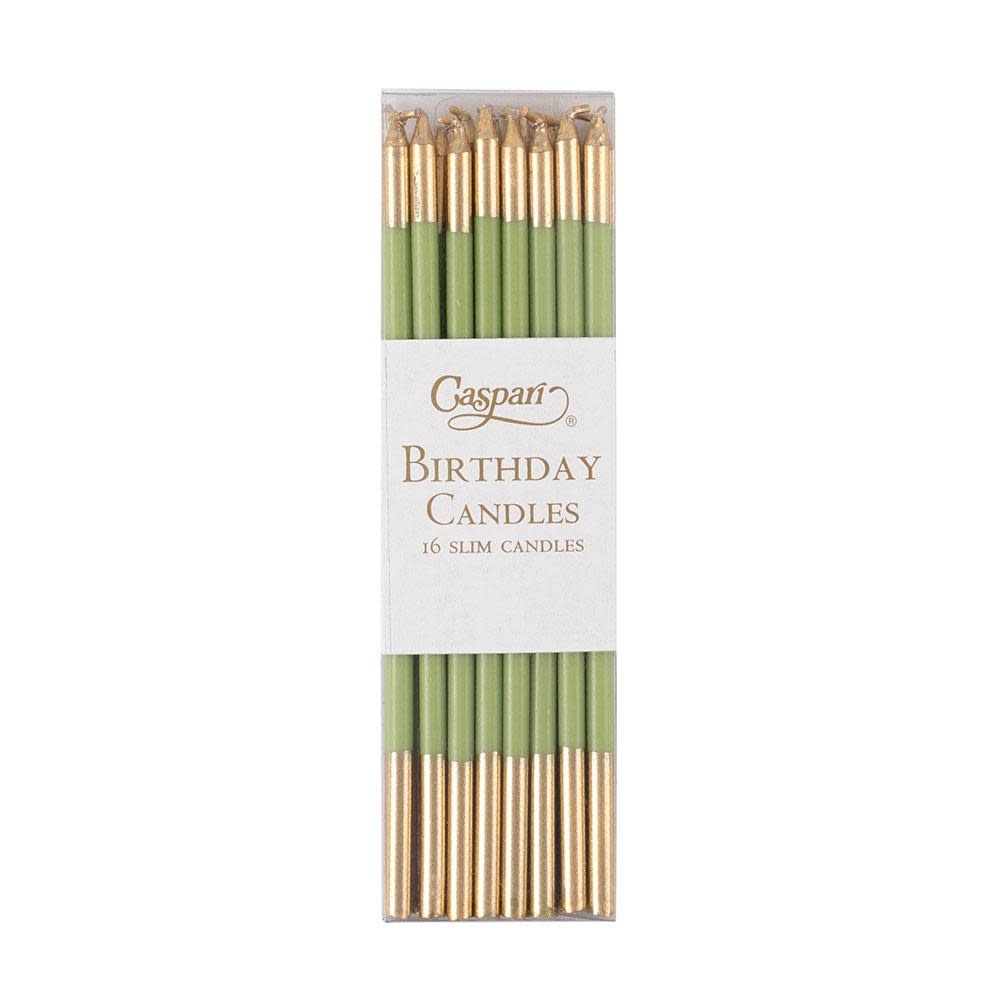 Slim Birthday Candles in Moss Green & Gold - 16 Candles Per Package