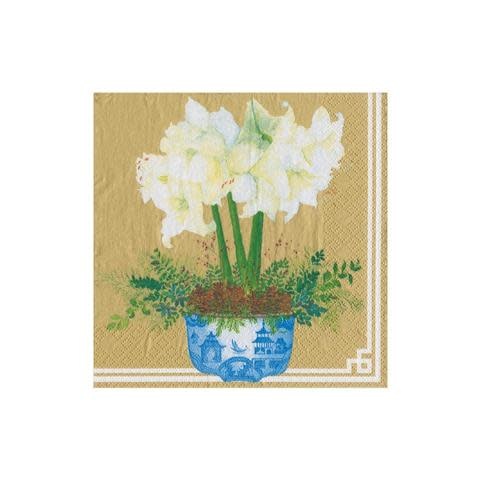 Potted Amaryllis Paper Cocktail Napkins in Gold - 20 Per Package