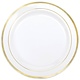 White Premium Plastic Round Plates with Gold Trim, 7 1/2"