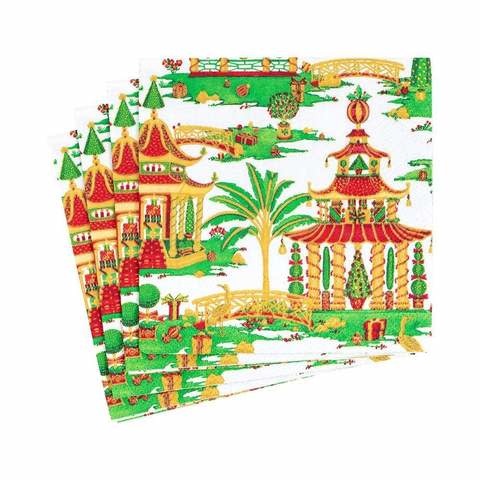 Christmas Pagodas Paper Cocktail Napkins in White - 20 Per Package
