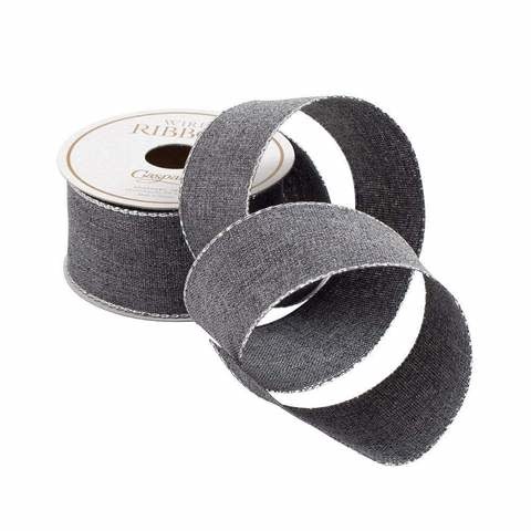 Grey & Silver Edge Wired Ribbon - 8 Yard Spool