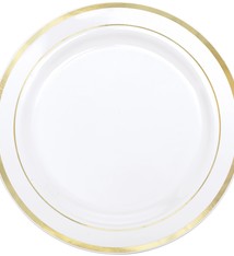 Premium 10 1/4" Plastic Plate White w/ Gold Trim