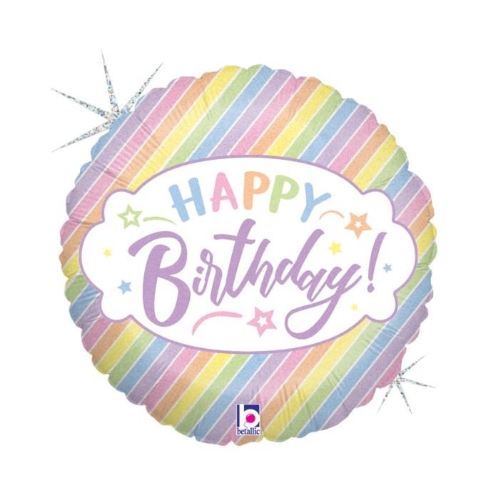 18" Mylar "Happy Birthday" Pastel Holographic Stripes - #1