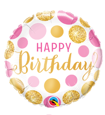 18" Mylar "Happy Birthday" Gold/Pink Dots  - #20
