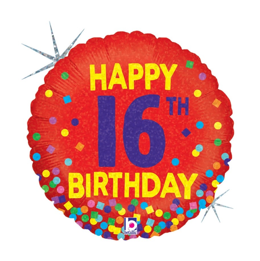 18" Mylar "Happy 16th Birthday" Red/ Rainbow Dots - #60