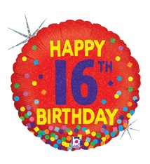18" Mylar "Happy 16th Birthday" Red/ Rainbow Dots - #60