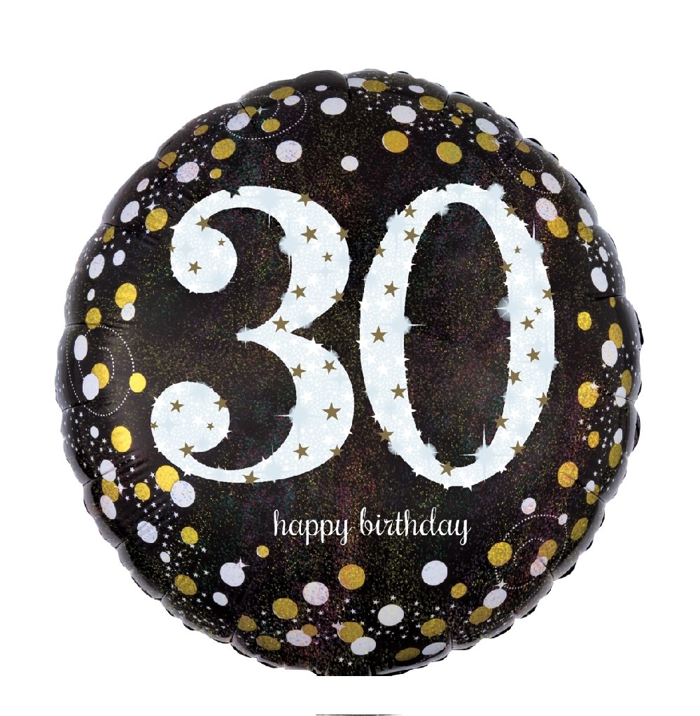 18" Mylar "30 Happy Birthday" Gold/White Dots- #73