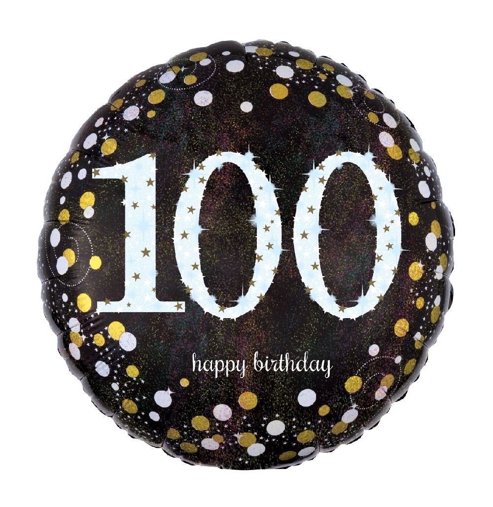 18" Mylar "100 Happy Birthday" Gold/White Dots- #100