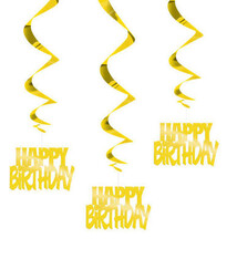 Foil  Gold "Happy Birthday" Hanging Swirl Decorations 3 Count