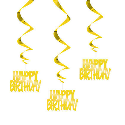 Foil  Gold "Happy Birthday" Hanging Swirl Decorations 3 Count