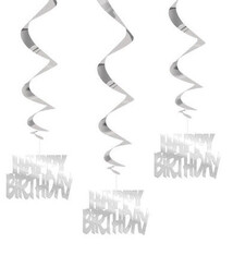 Foil Silver  "Happy Birthday" Hanging Swirl Decorations 3 Count