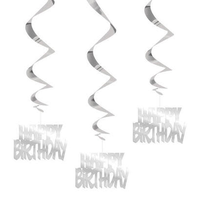 Foil Silver  "Happy Birthday" Hanging Swirl Decorations 3 Count