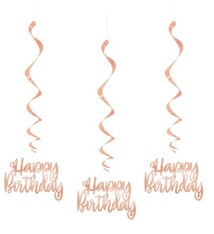 Foil Rose Gold "Happy Birthday" Hanging Swirl Decorations 3 Count