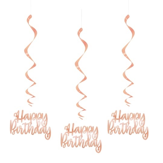 Foil Rose Gold "Happy Birthday" Hanging Swirl Decorations 3 Count