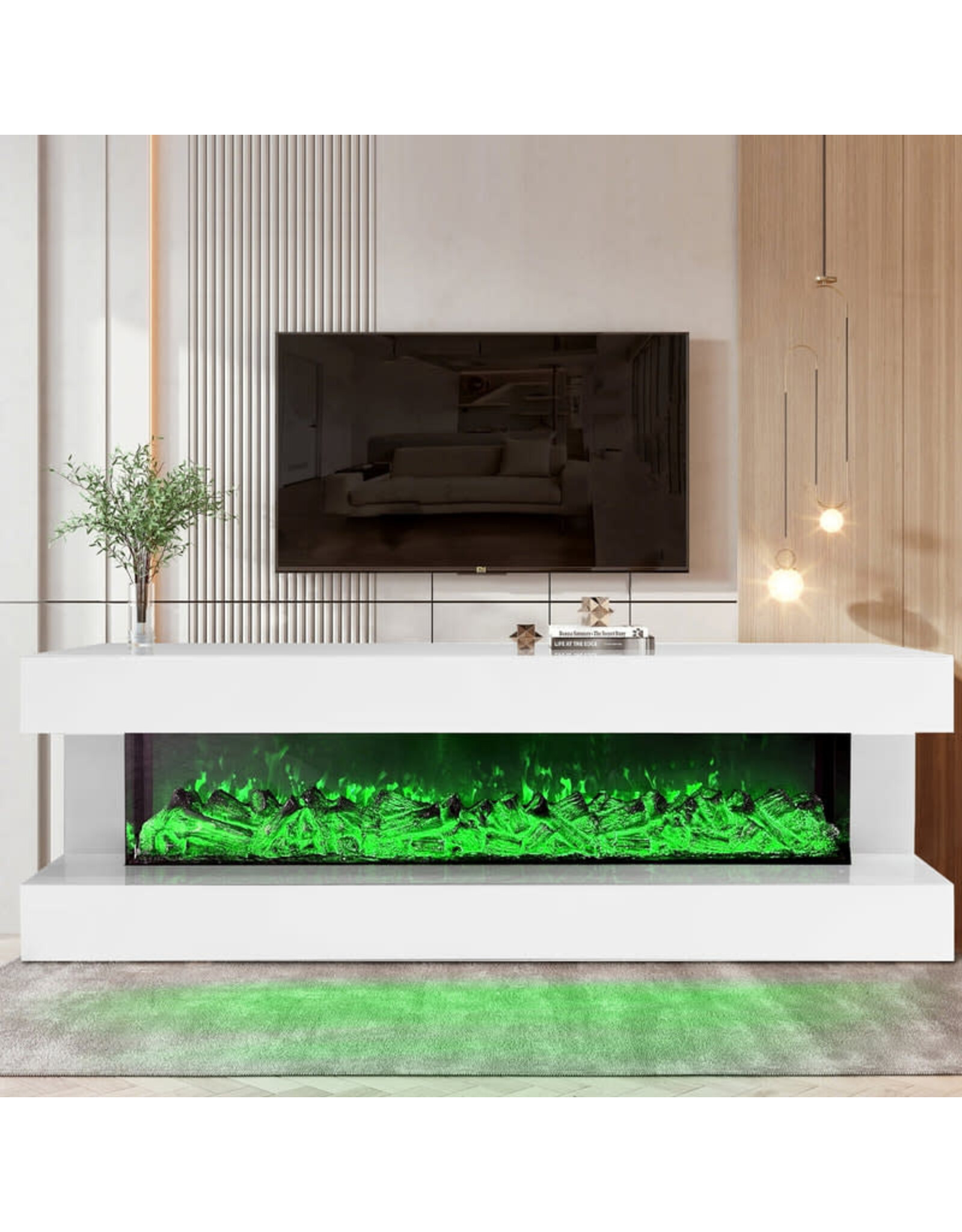 A85 White Glass TV Stand -Electric Fire Place - Bluetooth Speaker - Multi Color /Dimmable Lights