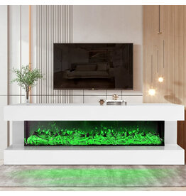 A85 White Glass TV Stand -Electric Fire Place - Bluetooth Speaker - Multi Color /Dimmable Lights