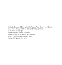 Summerville Dining Table w/4 chairs & Bench