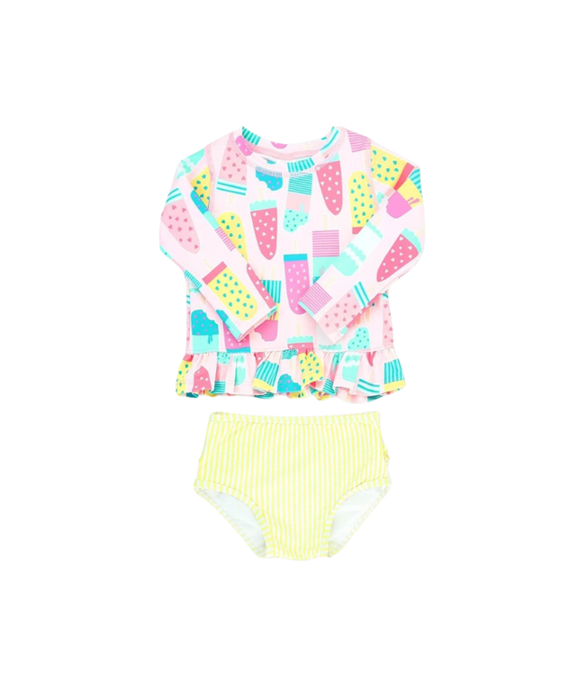 Rufflebutts Rufflebutts Ice Cream Social Long Sleeve Rash Guard Bikini