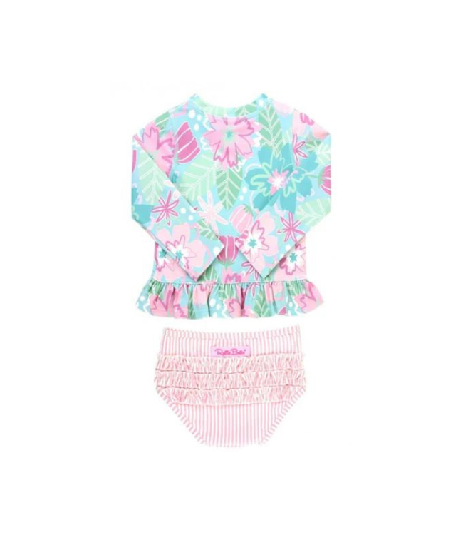 Rufflebutts In Bloom Pink Seersucker Long Sleeve Rash Guard Bikini