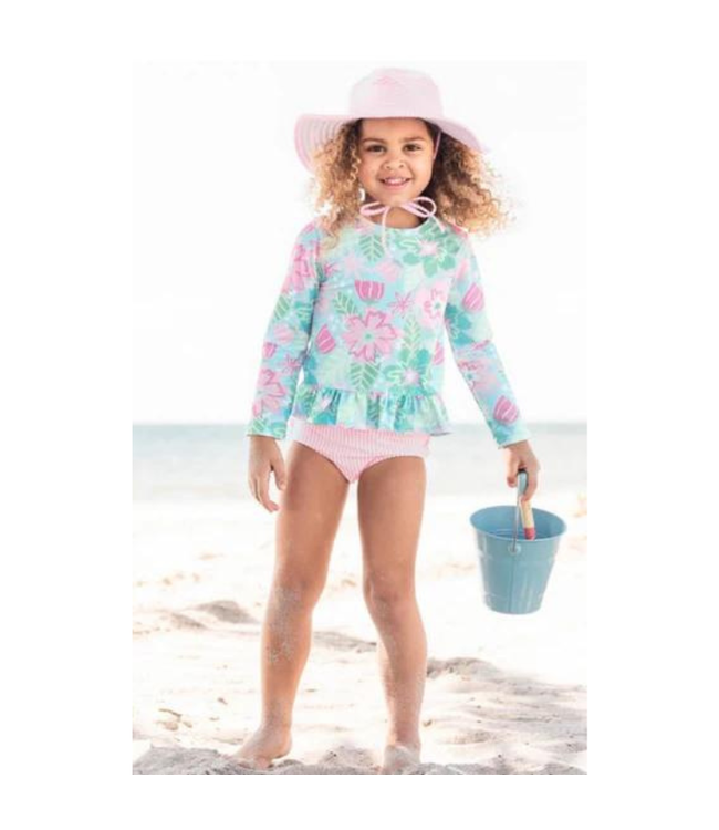 Rufflebutts In Bloom Pink Seersucker Long Sleeve Rash Guard Bikini