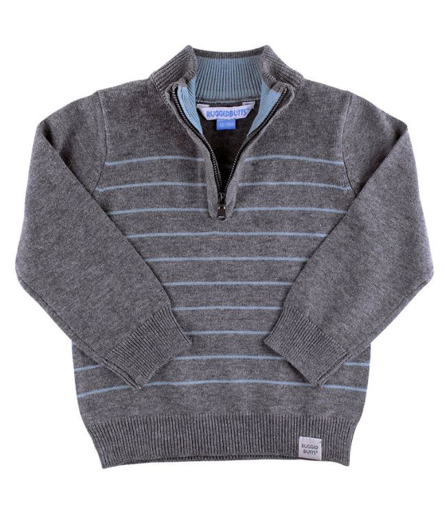 Ruggedbutts Heather Charcoal & Antique Blue Stripe 1/4 Zip Sweater