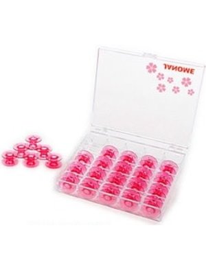 Janome 25 pink bobbins in display case