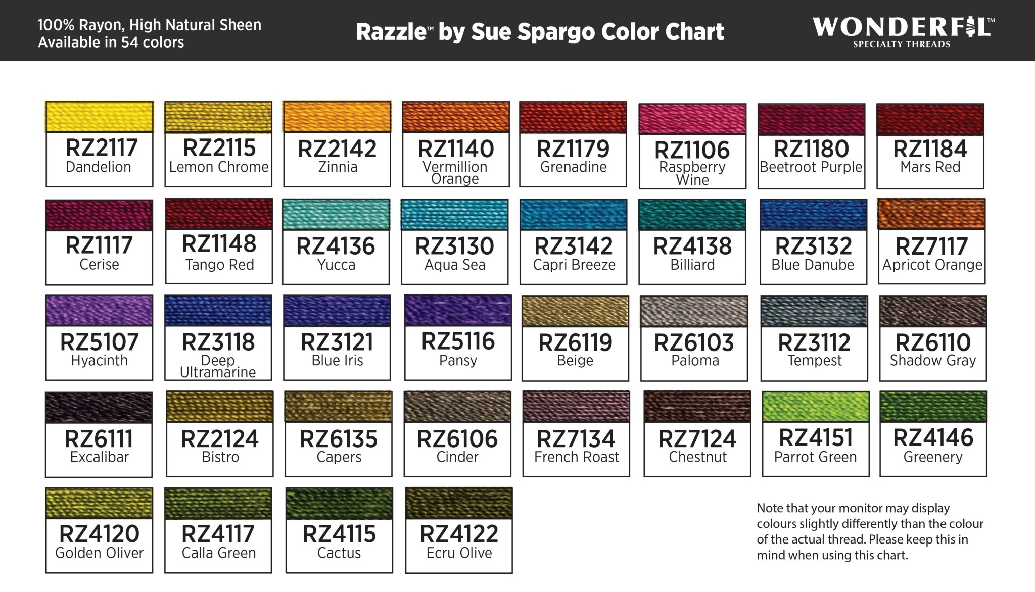 WonderFil Razzle Fil rayon 8wt Razzle Sue Spargo au choix 46m