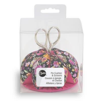 Dritz Coussin à épingles en forme de dôme à motif floral noir et rose