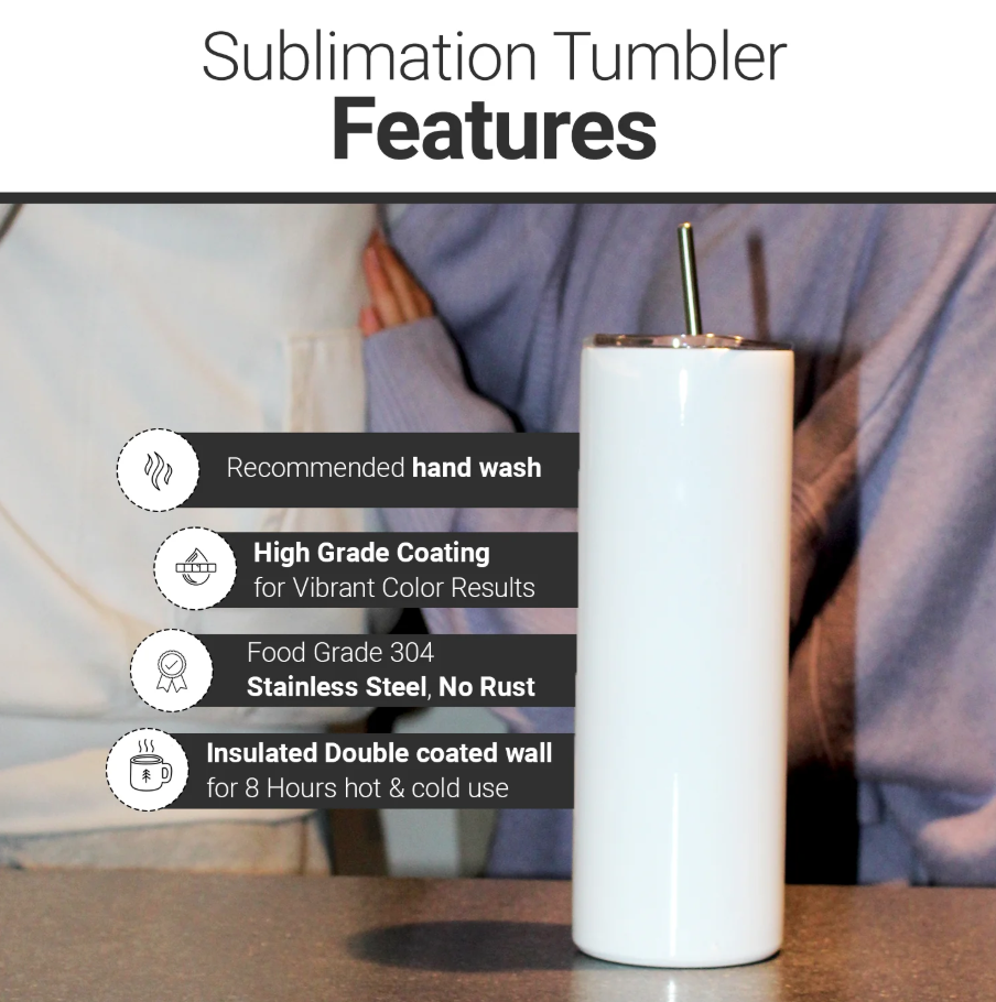 Pénélope 20 oz Straight Sublimation Tumbler – Slim Design, Includes Stainless Steel Straw, Cleaning Brush, Shrink Wraps, and Separate Rubber Bottom