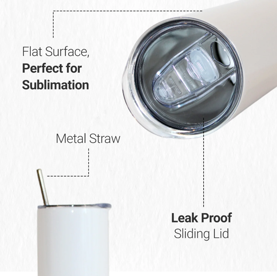 Pénélope 20 oz Straight Sublimation Tumbler – Slim Design, Includes Stainless Steel Straw, Cleaning Brush, Shrink Wraps, and Separate Rubber Bottom