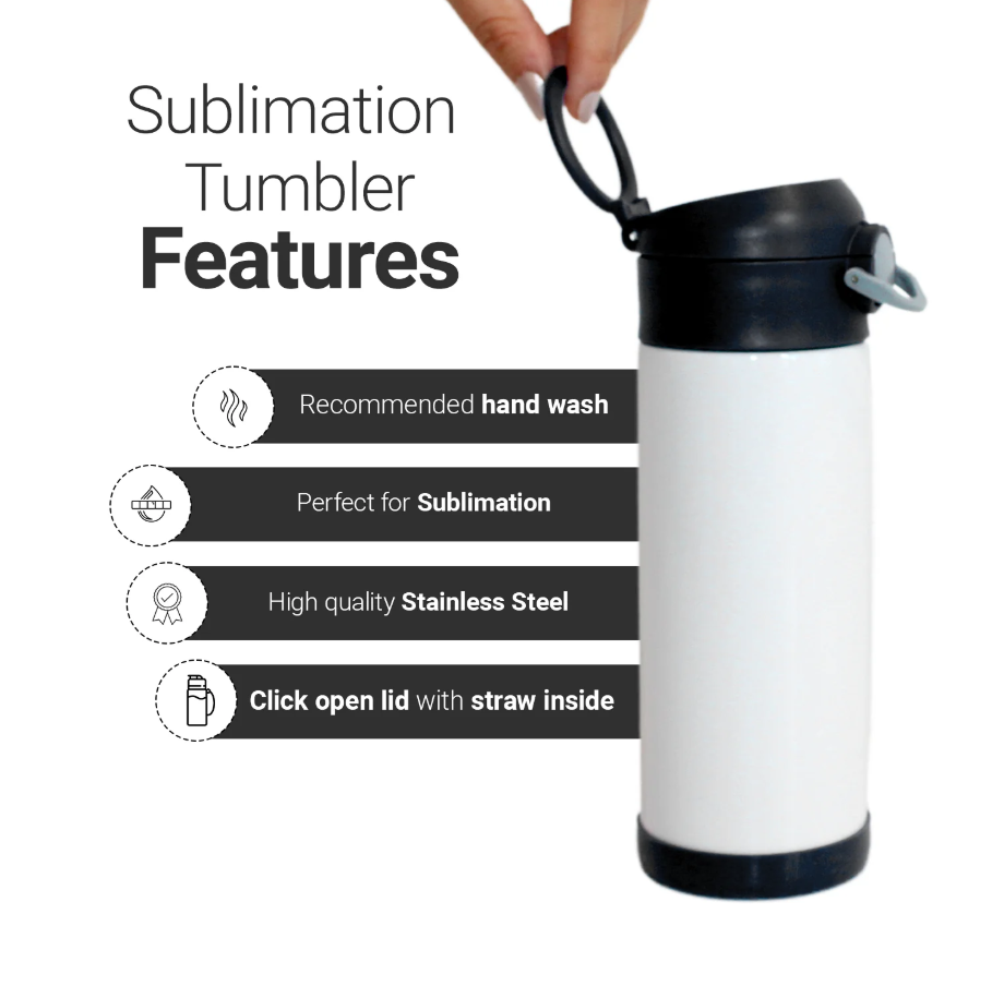Pénélope Bouteille d'eau NOIR en acier inoxydable sublimation pour enfants, 350ml