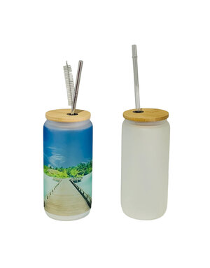 Pénélope Frosted 16 oz glass with bamboo lid, plastic and metal straws, and cleaning brush. Reinforced packaging.