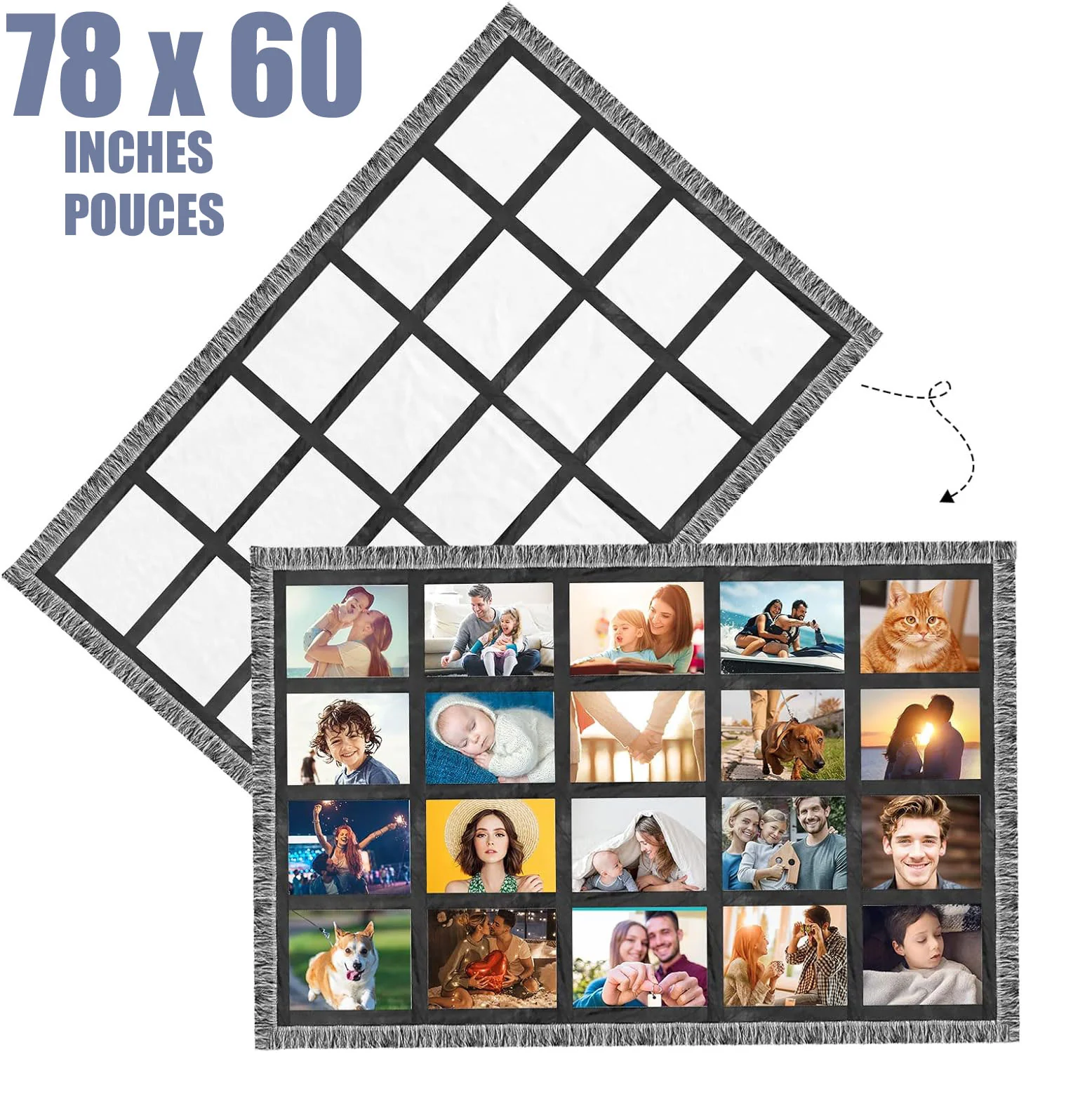 Pénélope Couverture vierge pour sublimation 78 x 60 po, compatible avec presse à chaud blanche, composée de 20 panneaux sublimables