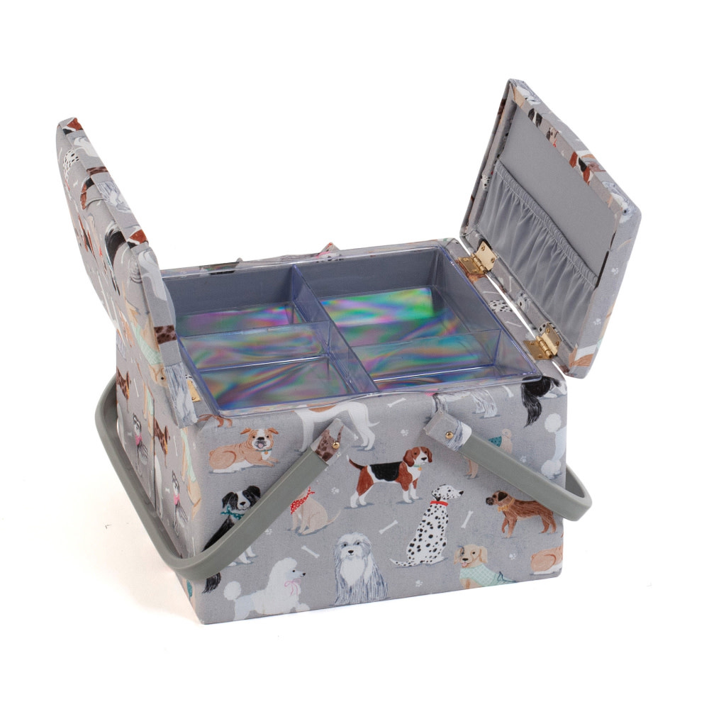HOBBY GIFT HOBBY GIFT Large Sewing Basket - Twin Lid 25 cm x 25 cm x 17 cm (10In. x 10In. x 6.7 In.) Grey Dogs