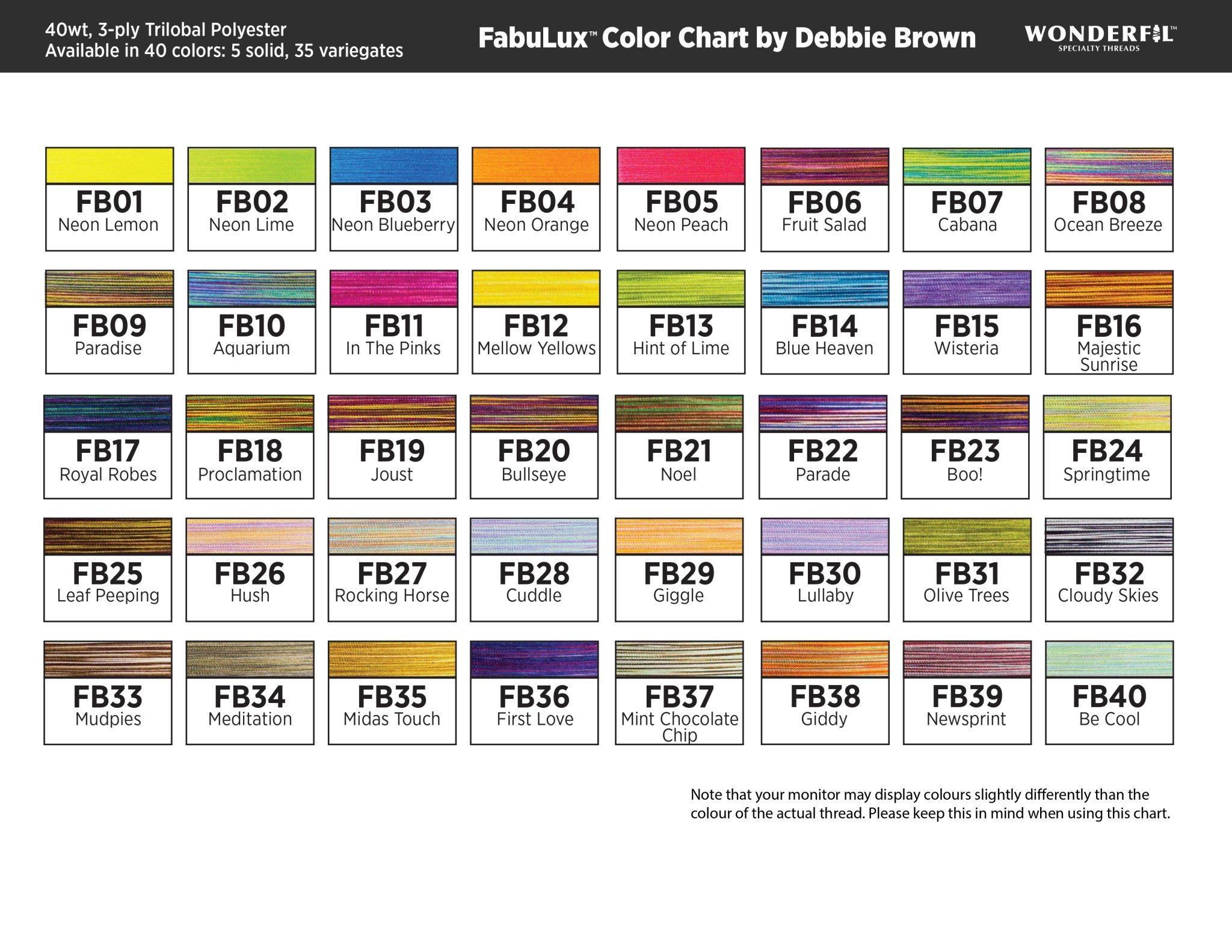 WonderFil FabuLux Fil polyester 40wt Fabulux au choix