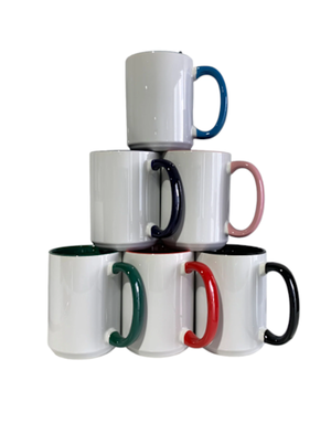 Pénélope Tasse à sublimation blanche 11 oz avec intérieur couleur varié et anse, emballage en boîte renforcée en mousse, revêtement ORCA