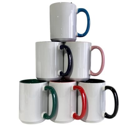 Pénélope Tasse à sublimation blanche 11 oz avec intérieur couleur varié et anse, emballage en boîte renforcée en mousse, revêtement ORCA
