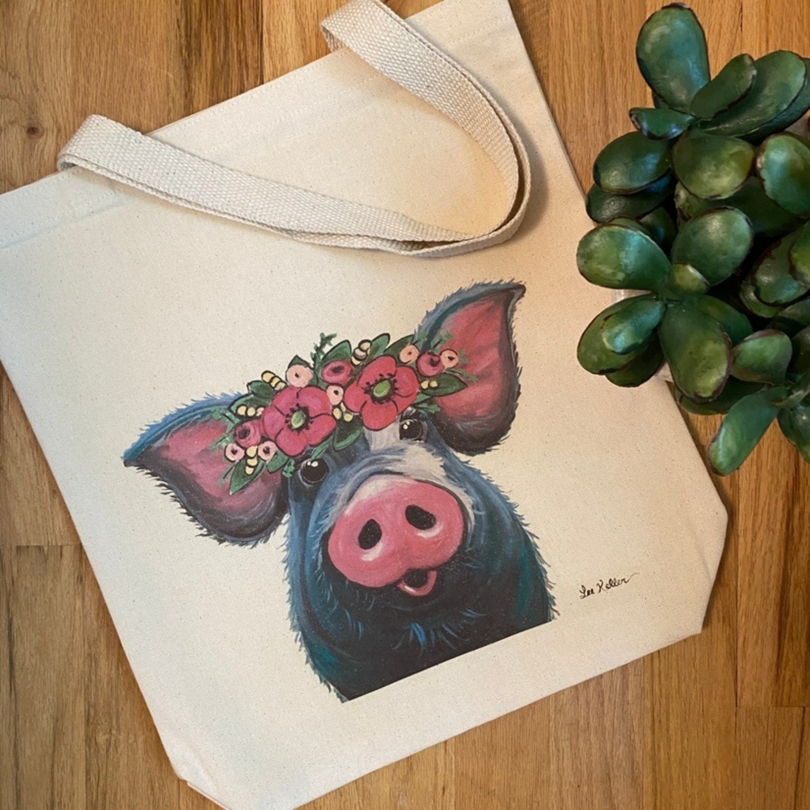 'Lulu' Pig with Flowers - Gusset Tote