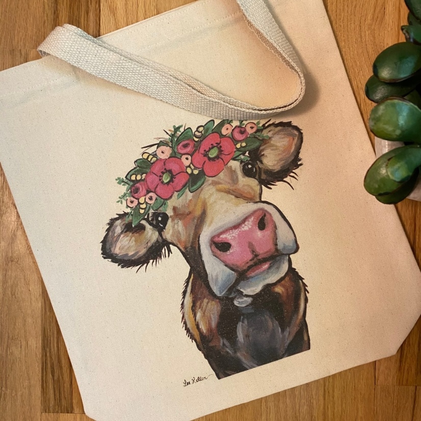 'Hazel' Cow with Purple Flowers - Gusset Tote