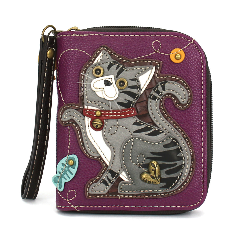 Silly Fish Keychain Zip Around Wallet Gray Tabby Cat - The Handbag Store