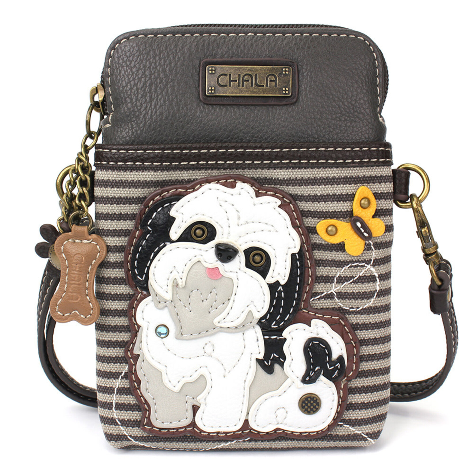 Chala Cell Phone Crossbody - White Shih Tzu - Gray Stripe