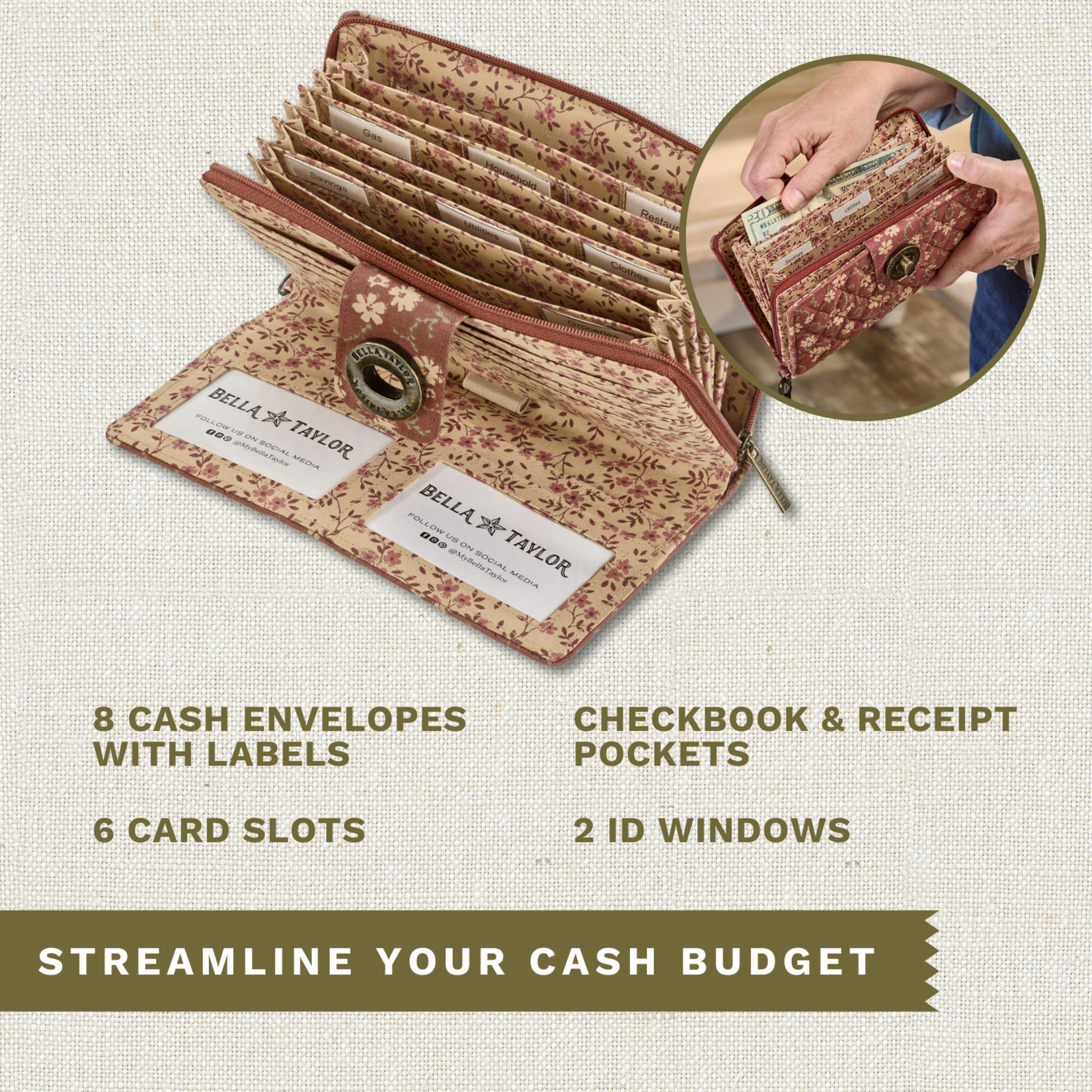 Bella Taylor RFID Cash System Wallet - Burgundy Patch