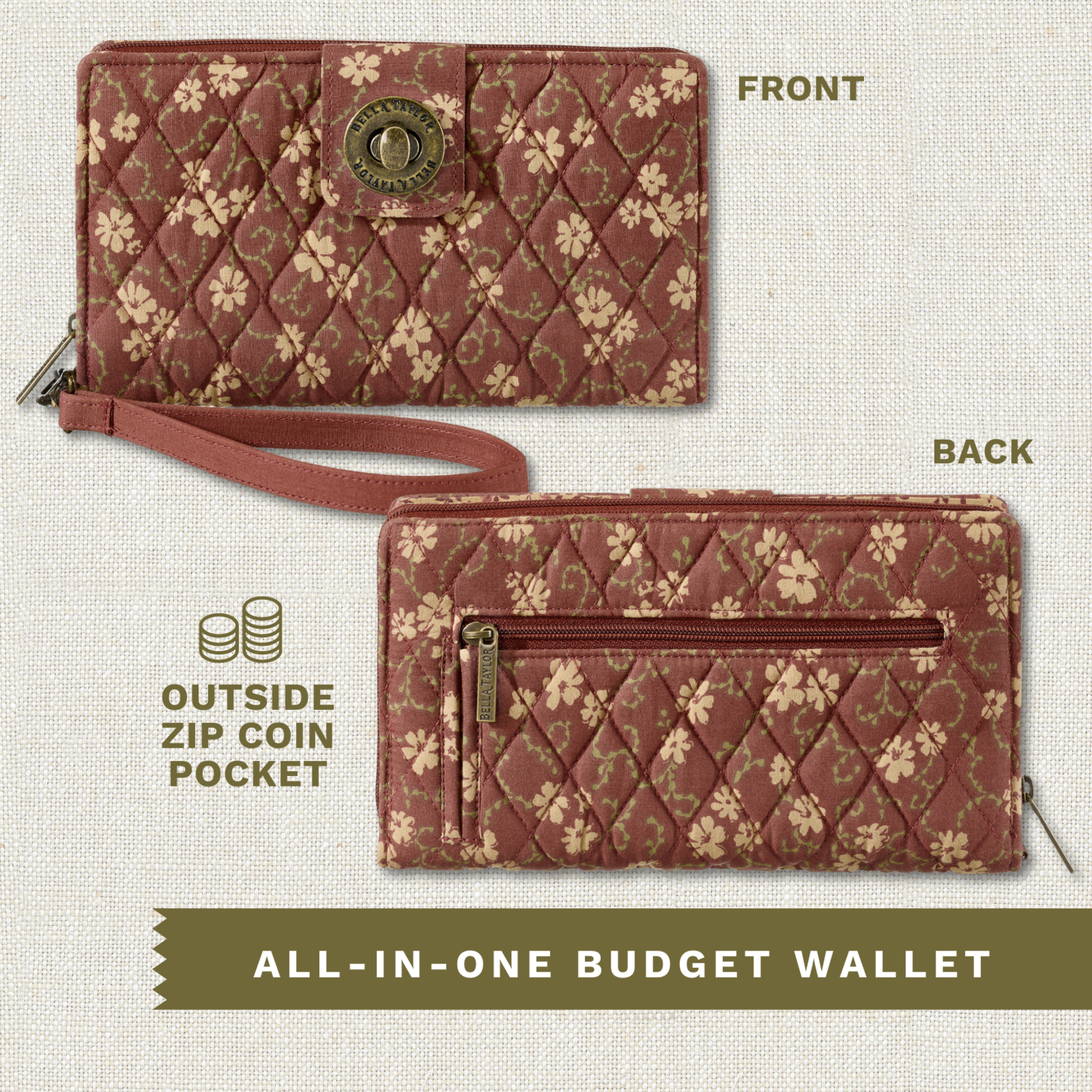 Bella Taylor RFID Cash System Wallet - Burgundy Patch