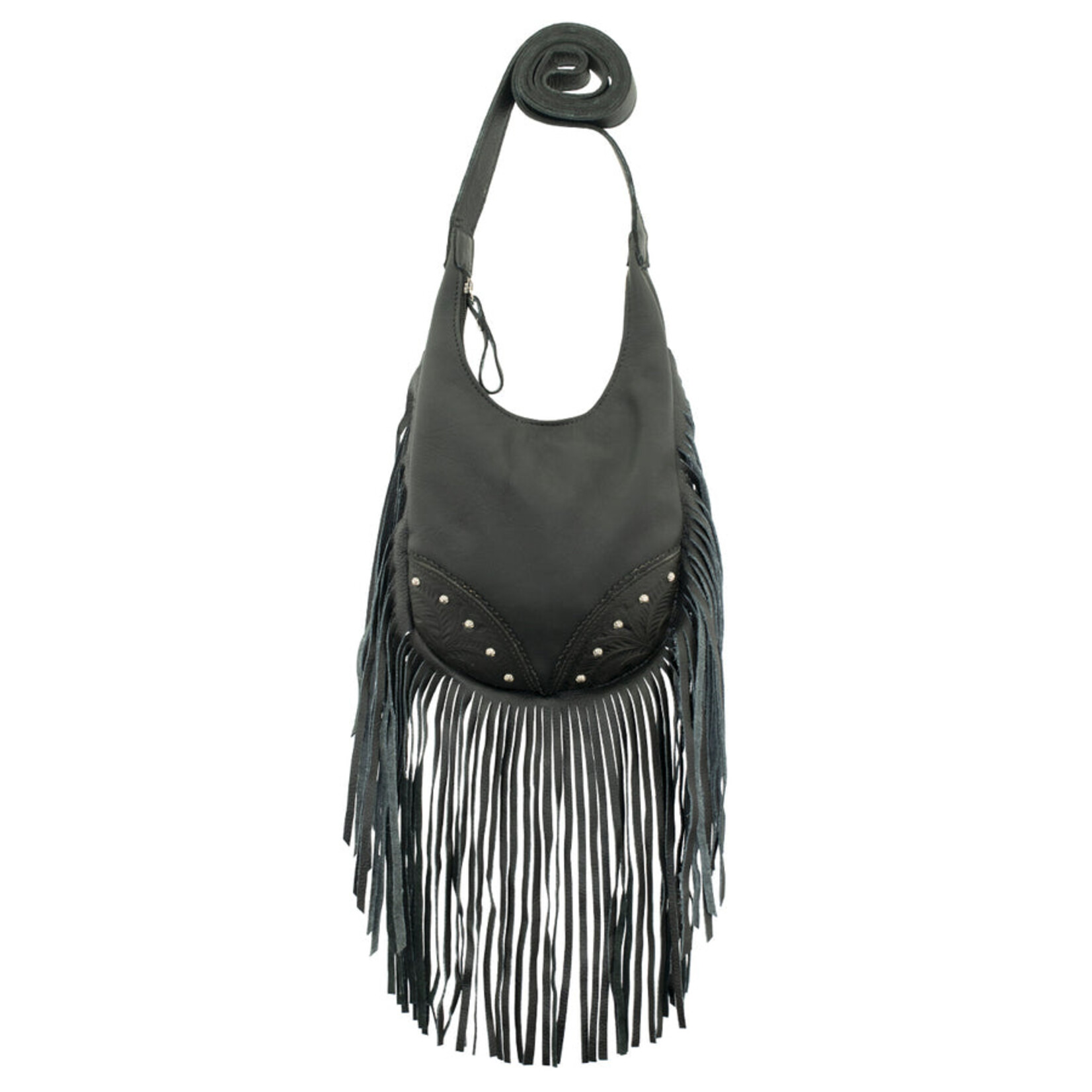 American West Black Leather :  Small Fringed Cowgirl Small Crossbody Hobo with Fringe