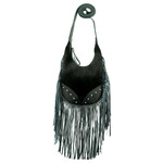 American West Black Hair-On Leather :  Small Fringed Cowgirl Crossbody Hobo with Fringe
