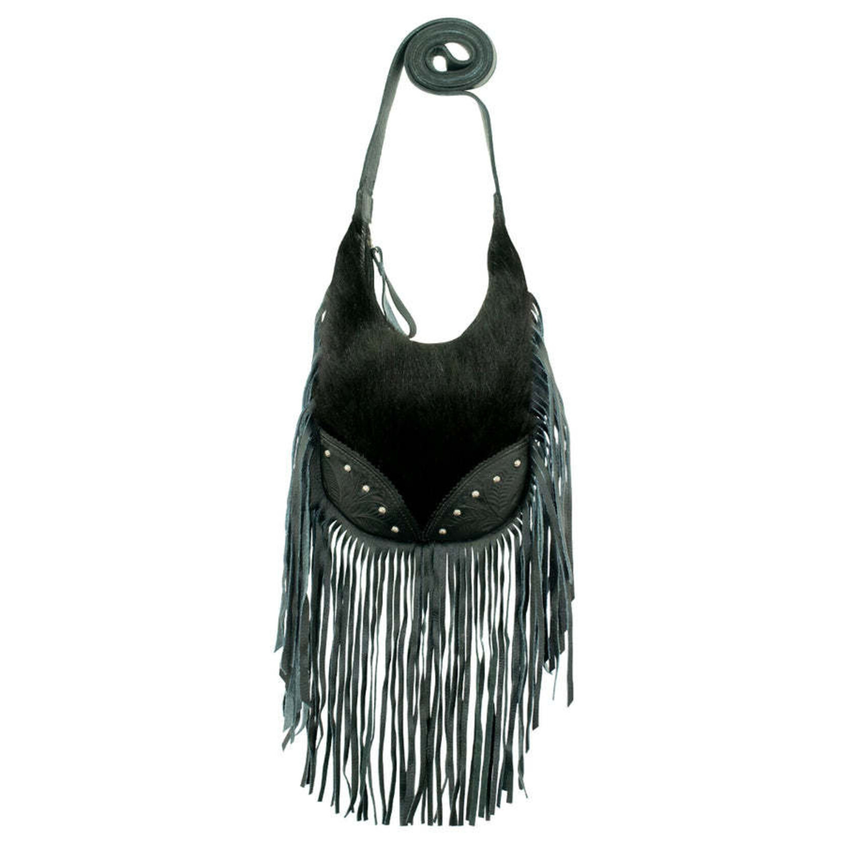 American West Black Hair-On Leather :  Small Fringed Cowgirl Crossbody Hobo with Fringe
