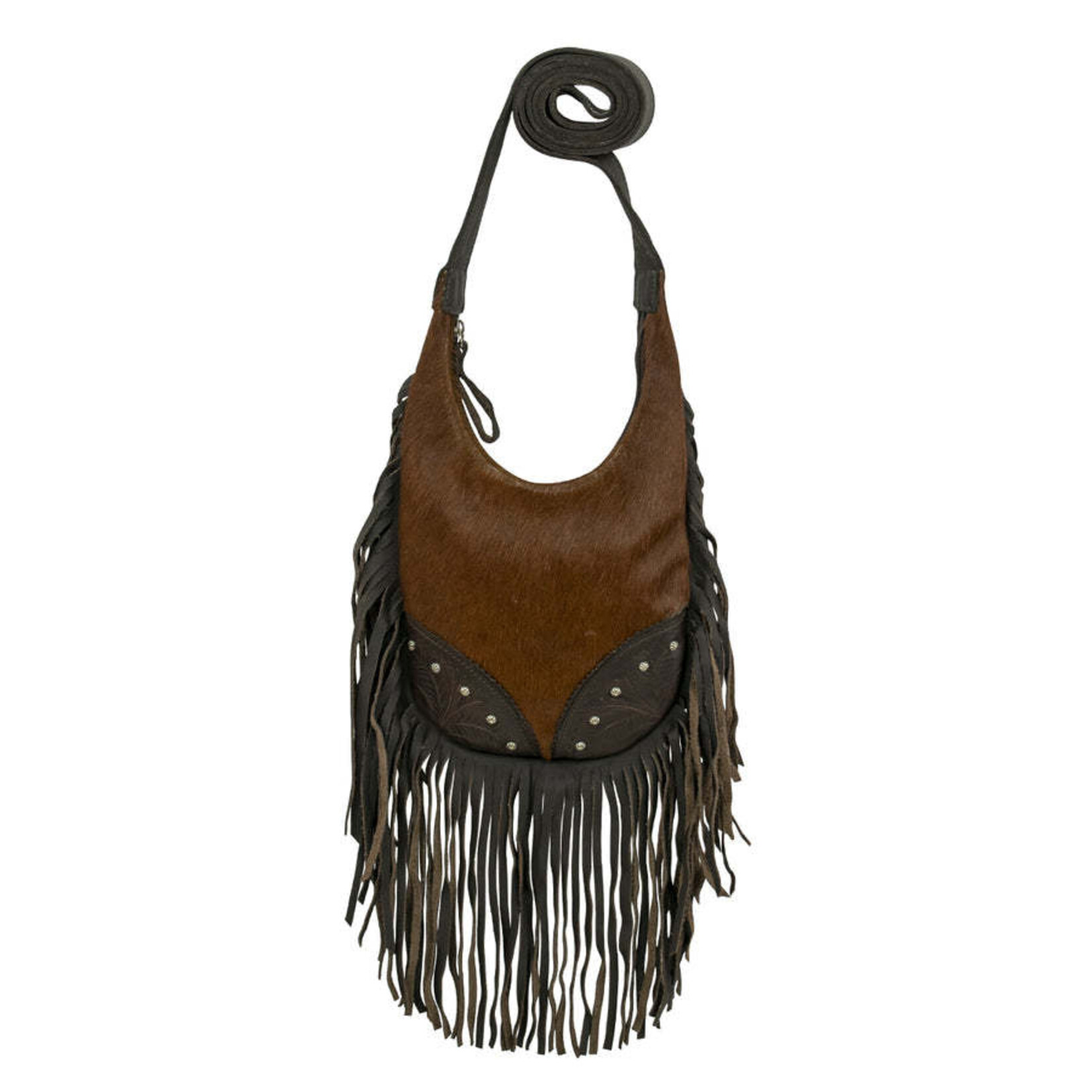 American West Brindle Hair-On Leather :  Small Fringed Cowgirl Crossbody Hobo with Fringe