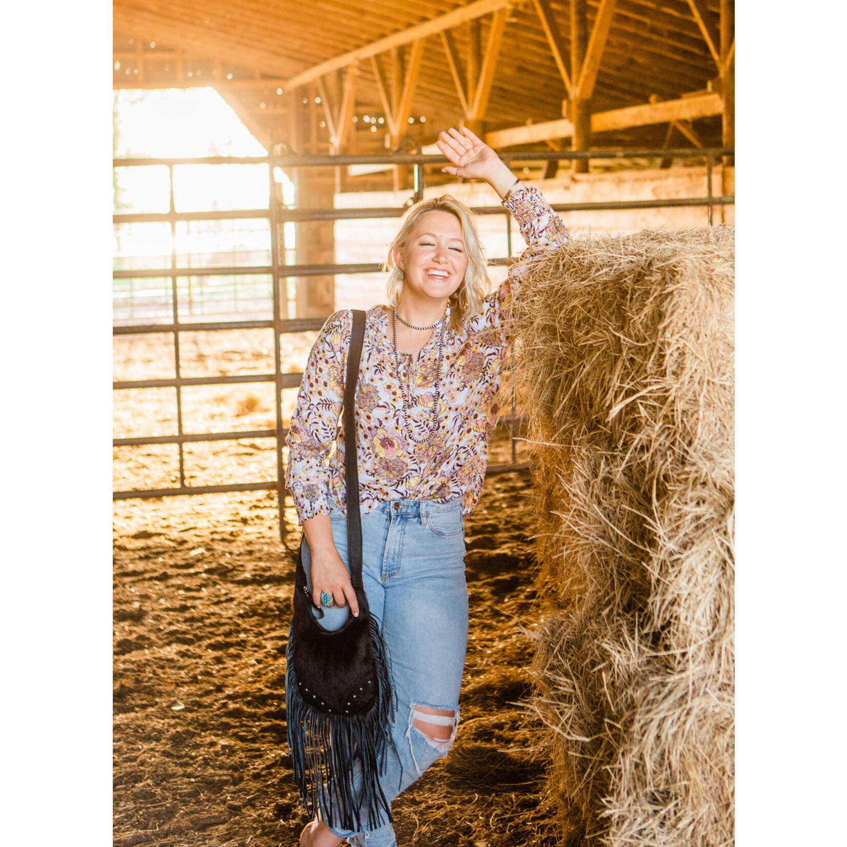 American West Pony Hair-On Leather : Small Fringed Cowgirl Crossbody Hobo with Fringe